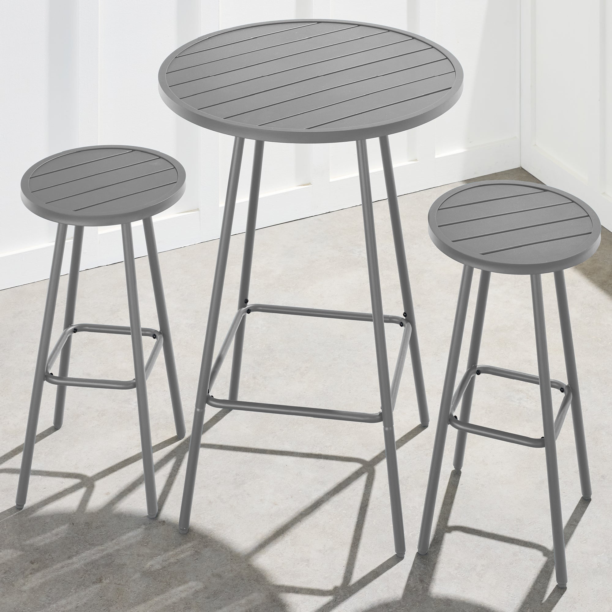 3-Piece Patio Bar Height Bistro Set w/ Backless Stools, Slatted Design