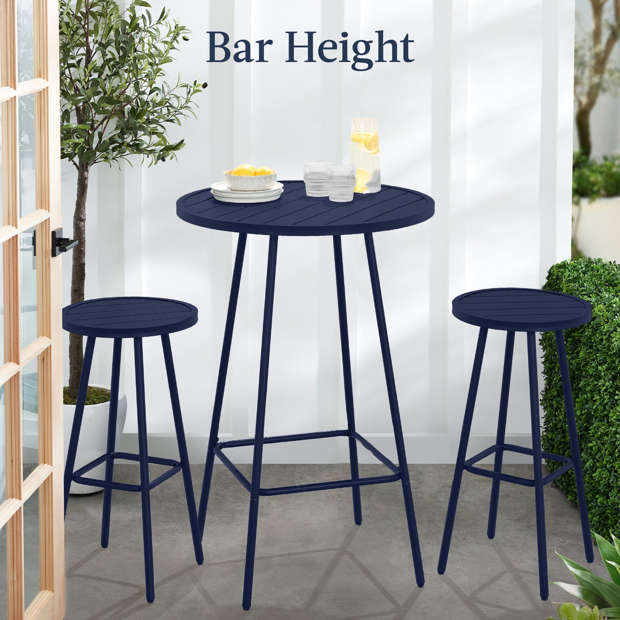 3-Piece Patio Bar Height Bistro Set w/ Backless Stools, Slatted Design