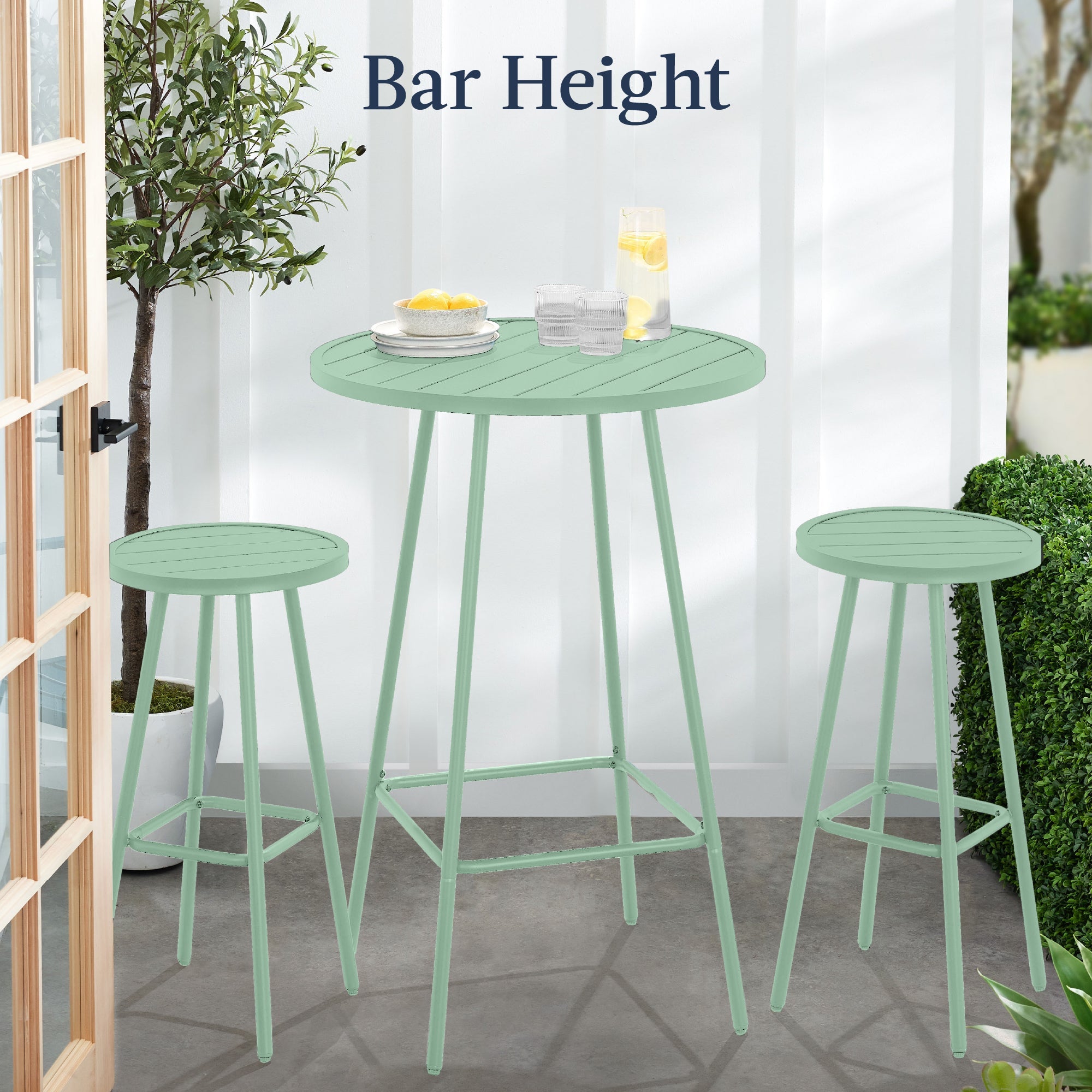 3-Piece Patio Bar Height Bistro Set w/ Backless Stools, Slatted Design