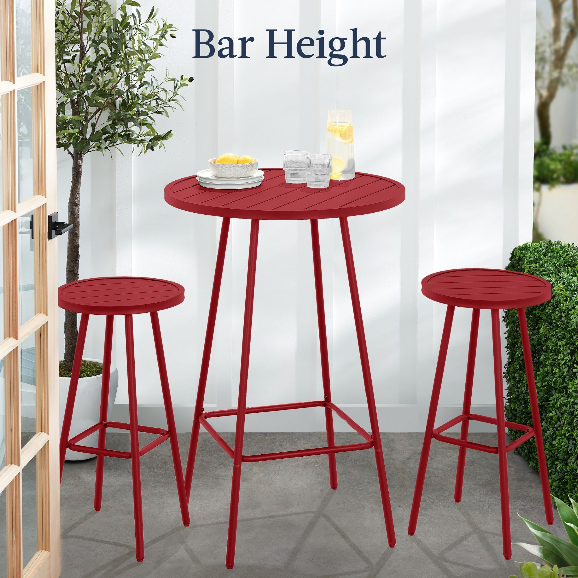 3-Piece Patio Bar Height Bistro Set w/ Backless Stools, Slatted Design