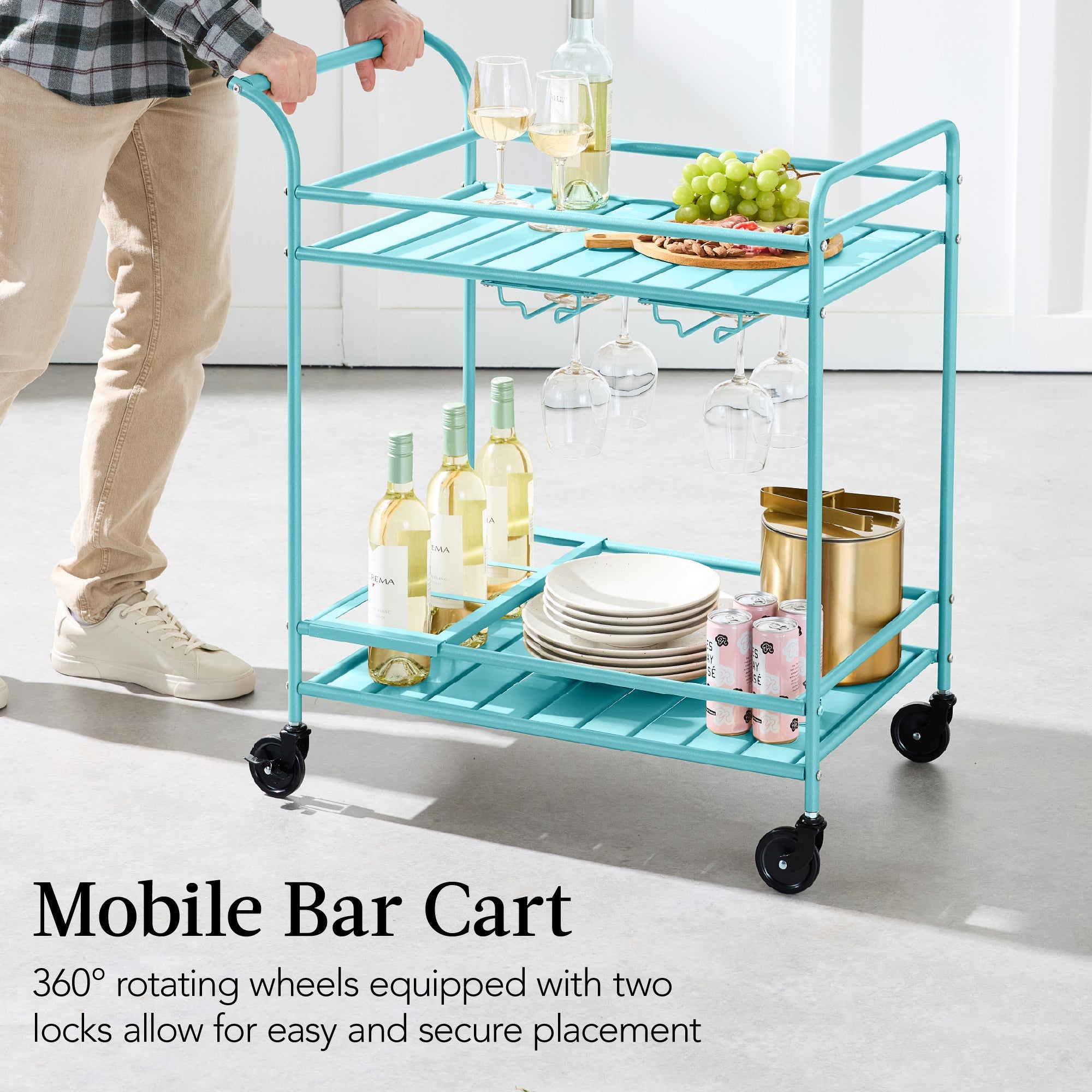 2-Tier Rolling Bar Cart Indoor/Outdoor w/ Shelves, Wine Rack, Locking Wheels