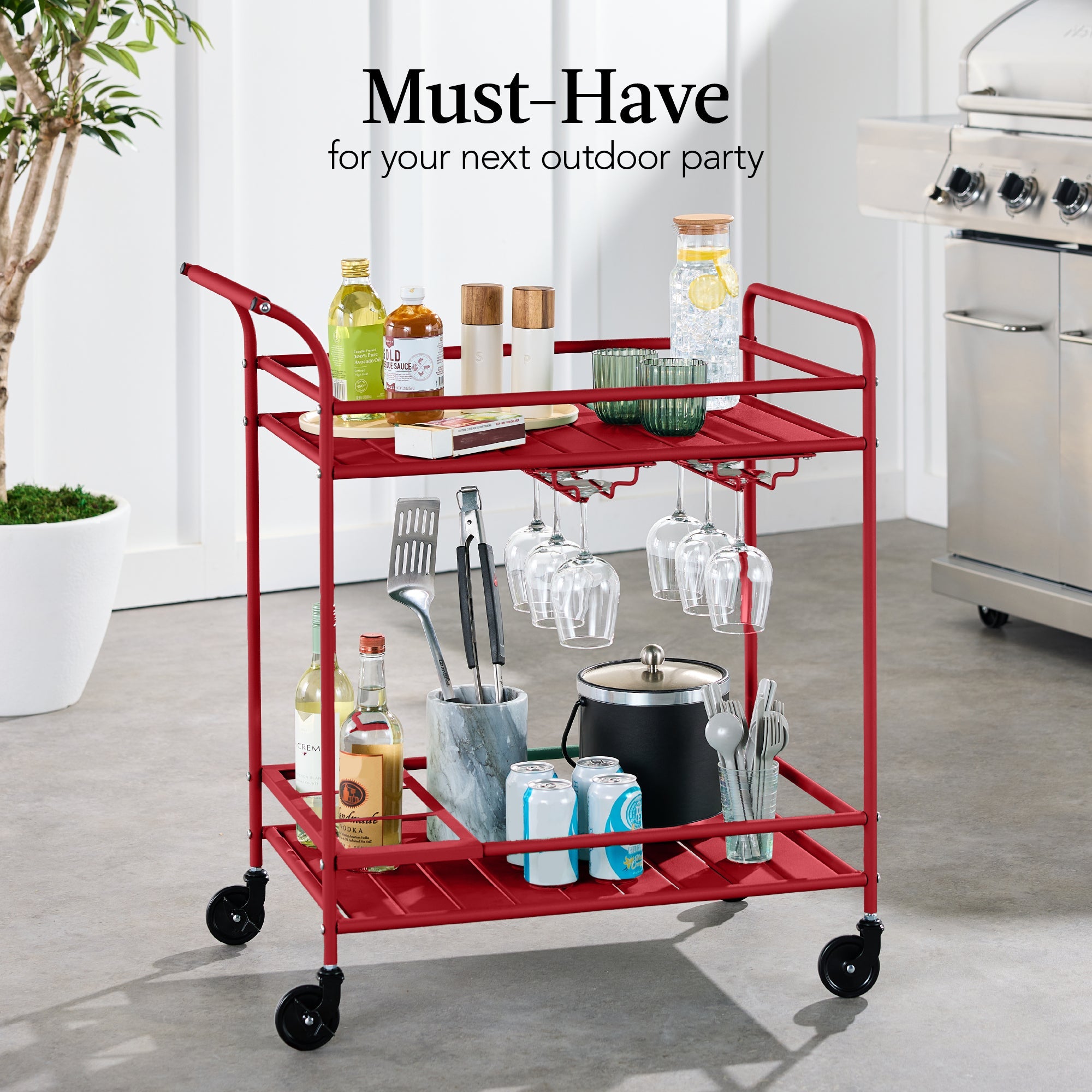 2-Tier Rolling Bar Cart Indoor/Outdoor w/ Shelves, Wine Rack, Locking Wheels