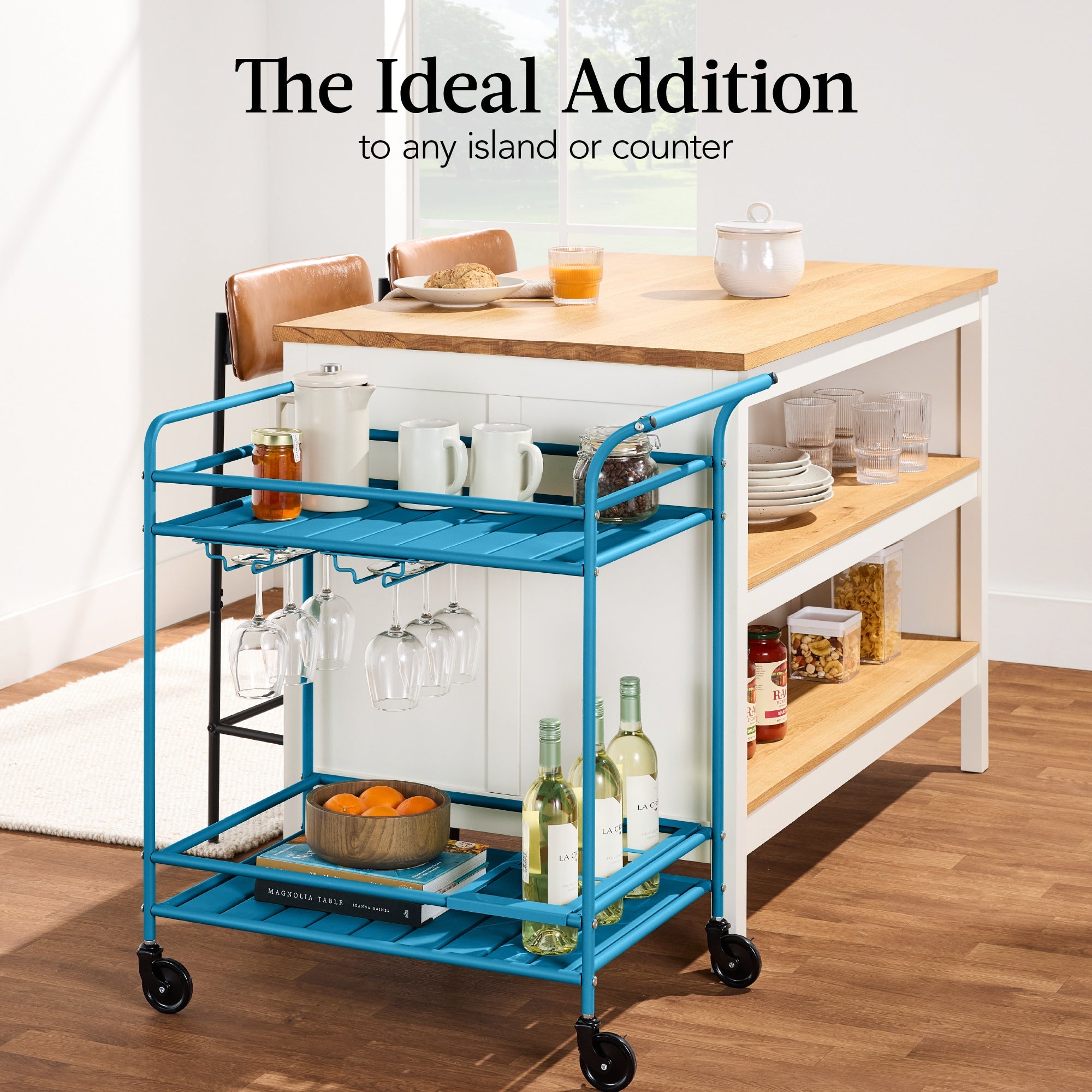 2-Tier Rolling Bar Cart Indoor/Outdoor w/ Shelves, Wine Rack, Locking Wheels