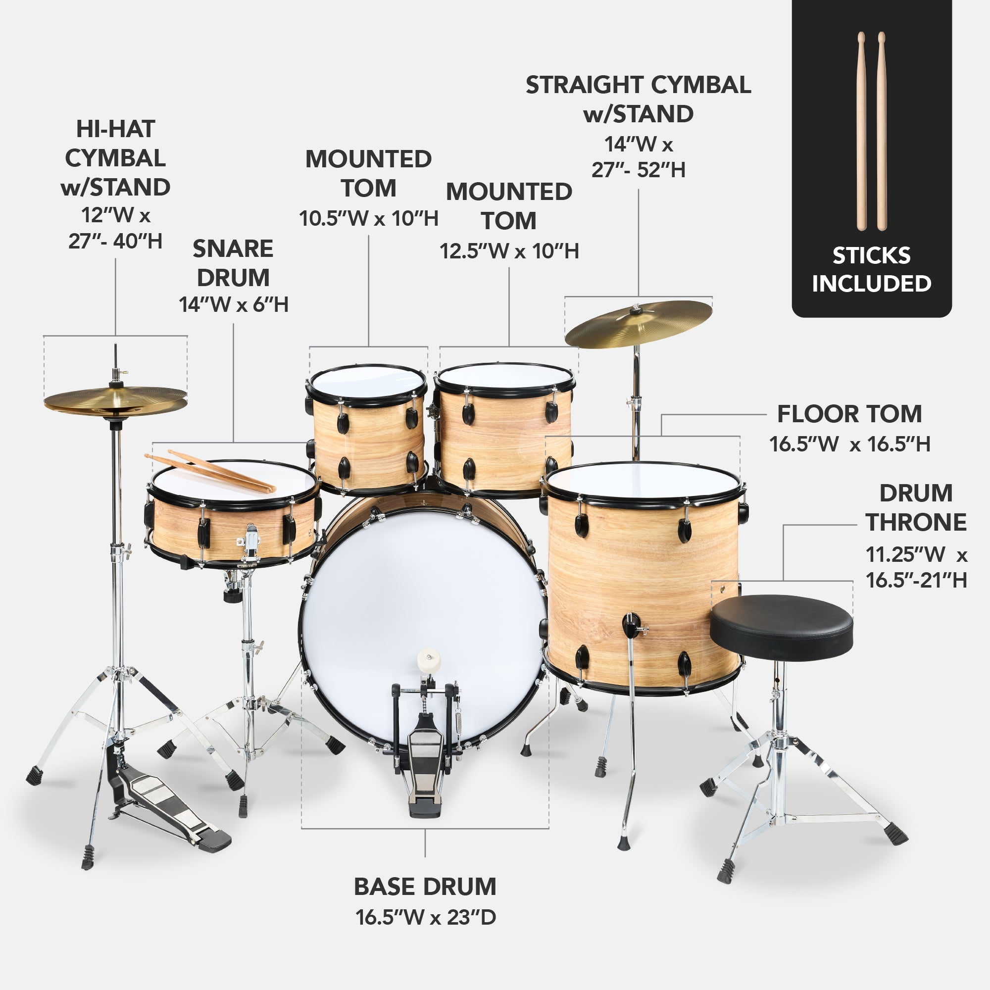 5-Piece Full Size Drum Set For Adults