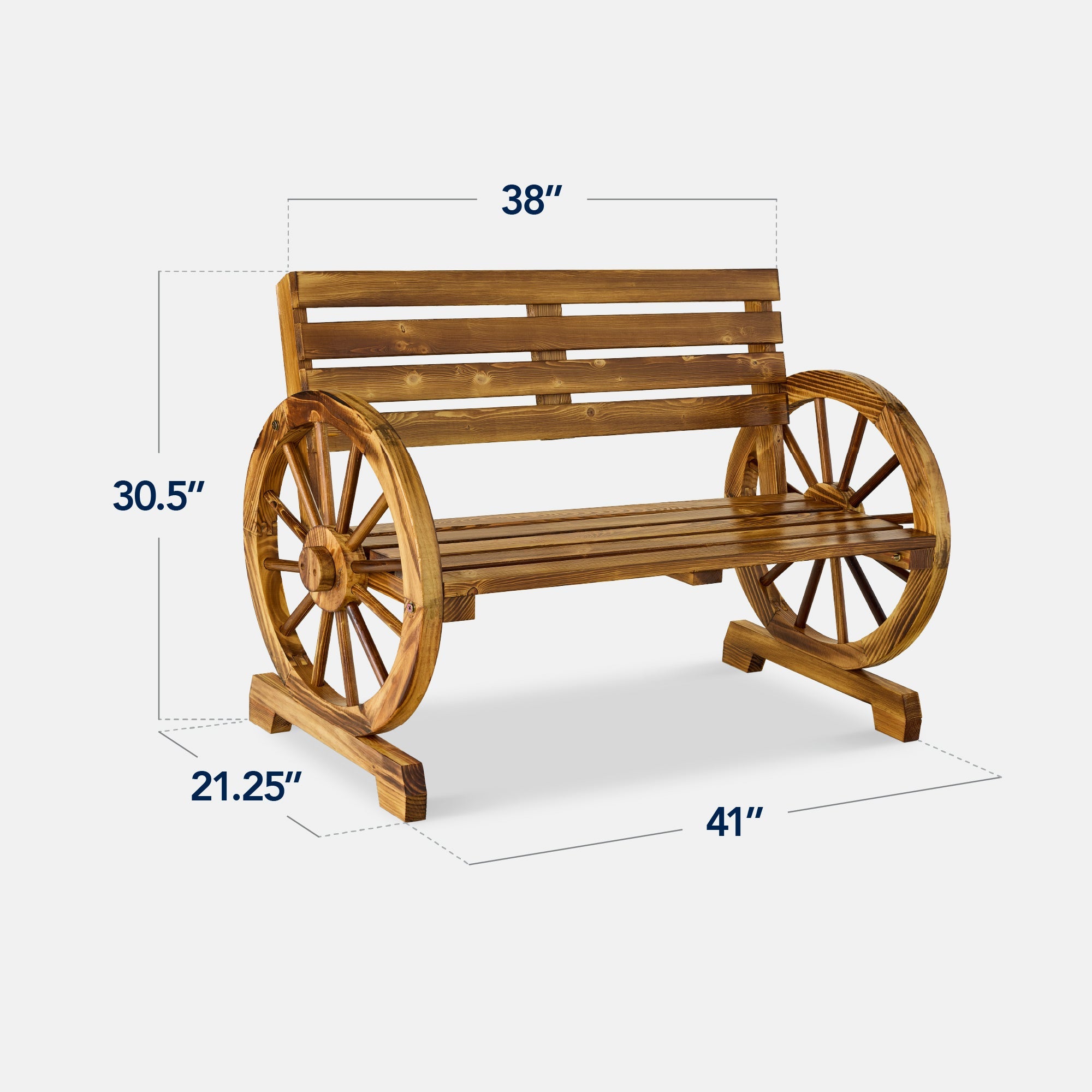 2-Person Rustic Wooden Wagon Wheel Bench w/ Slatted Seat and Backrest