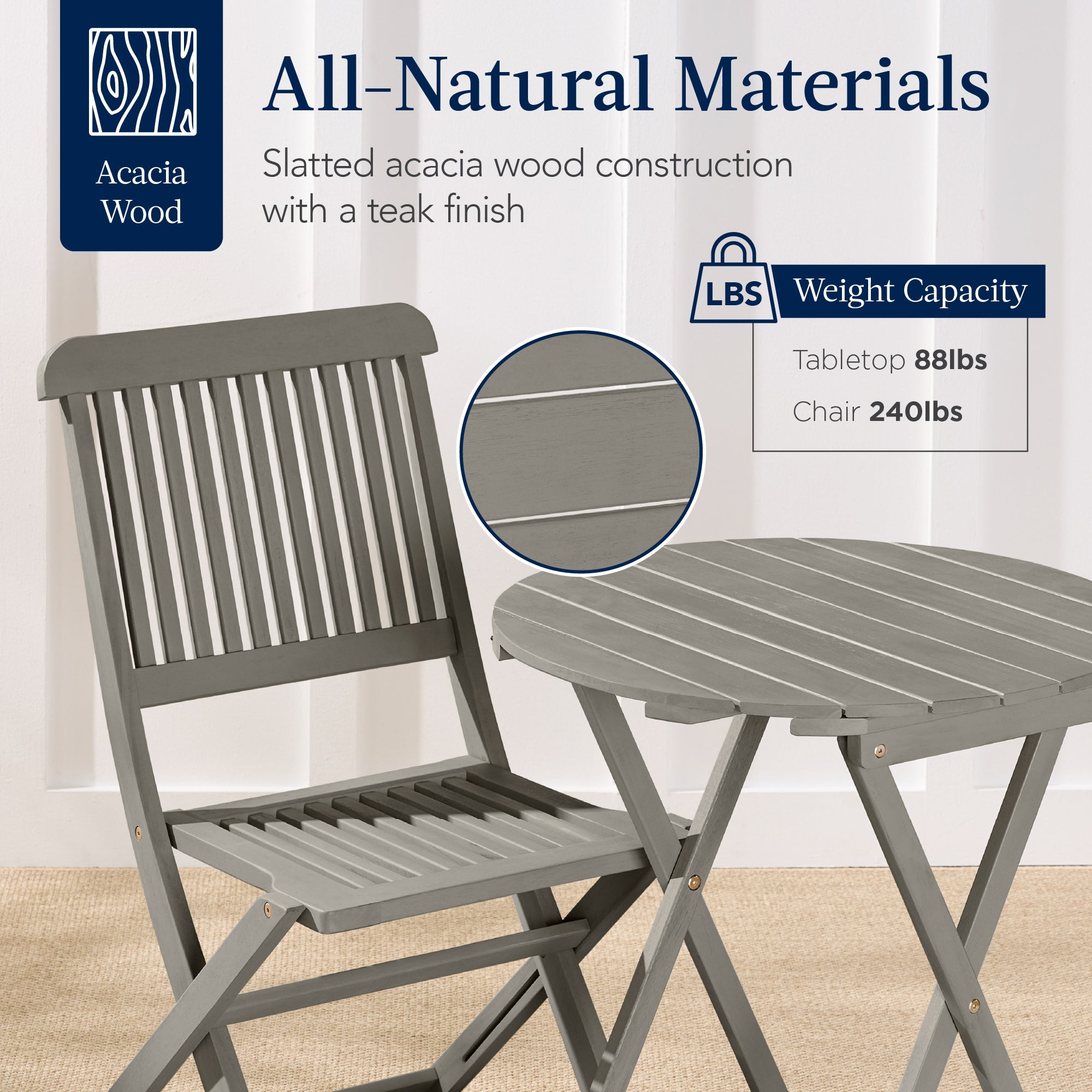 3-Piece Acacia Wood Bistro Set w/ Folding Table, 2 Chairs