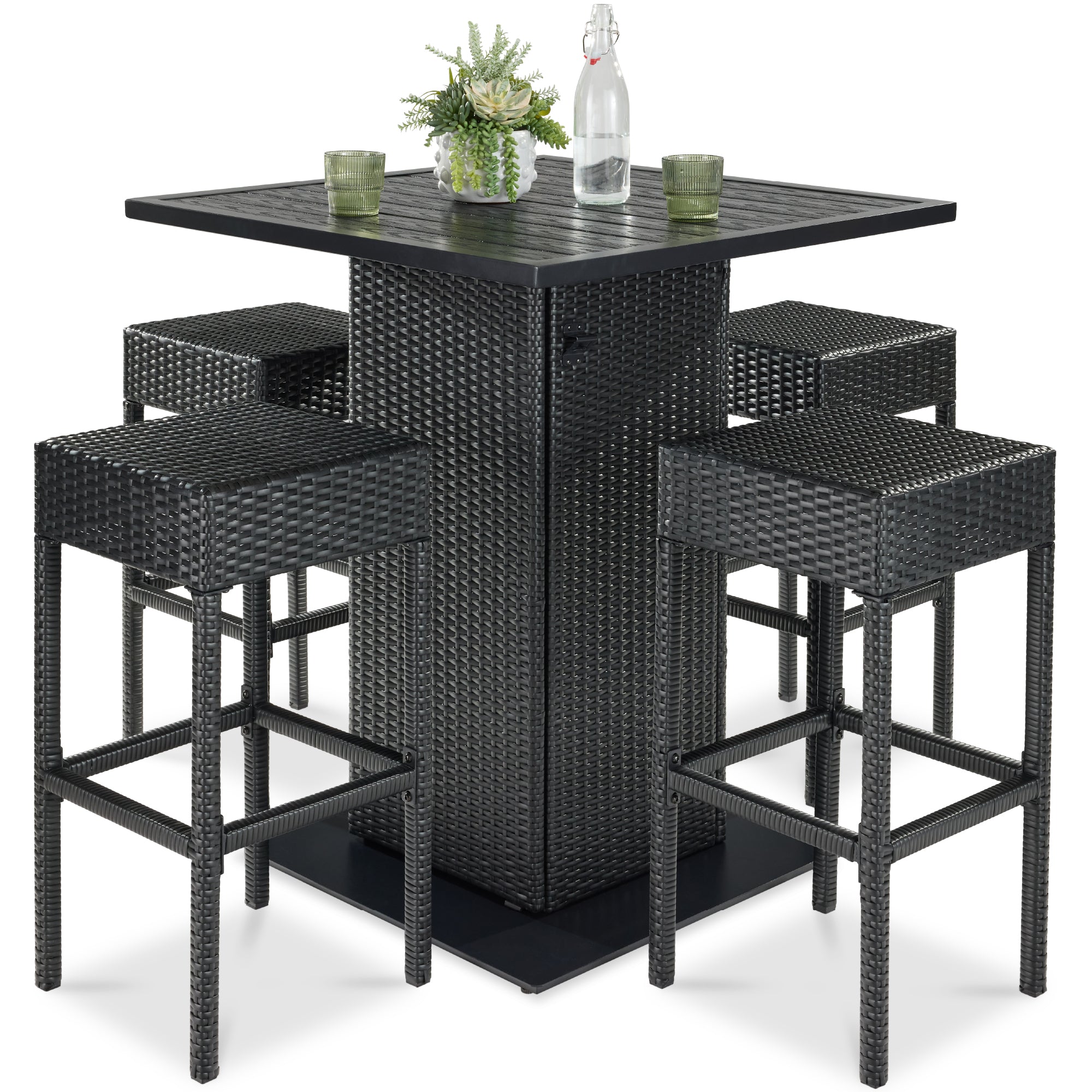 5-Piece Wicker Bar Set w/ 4 Stools, Built-In Bottle Opener, Hidden Storage