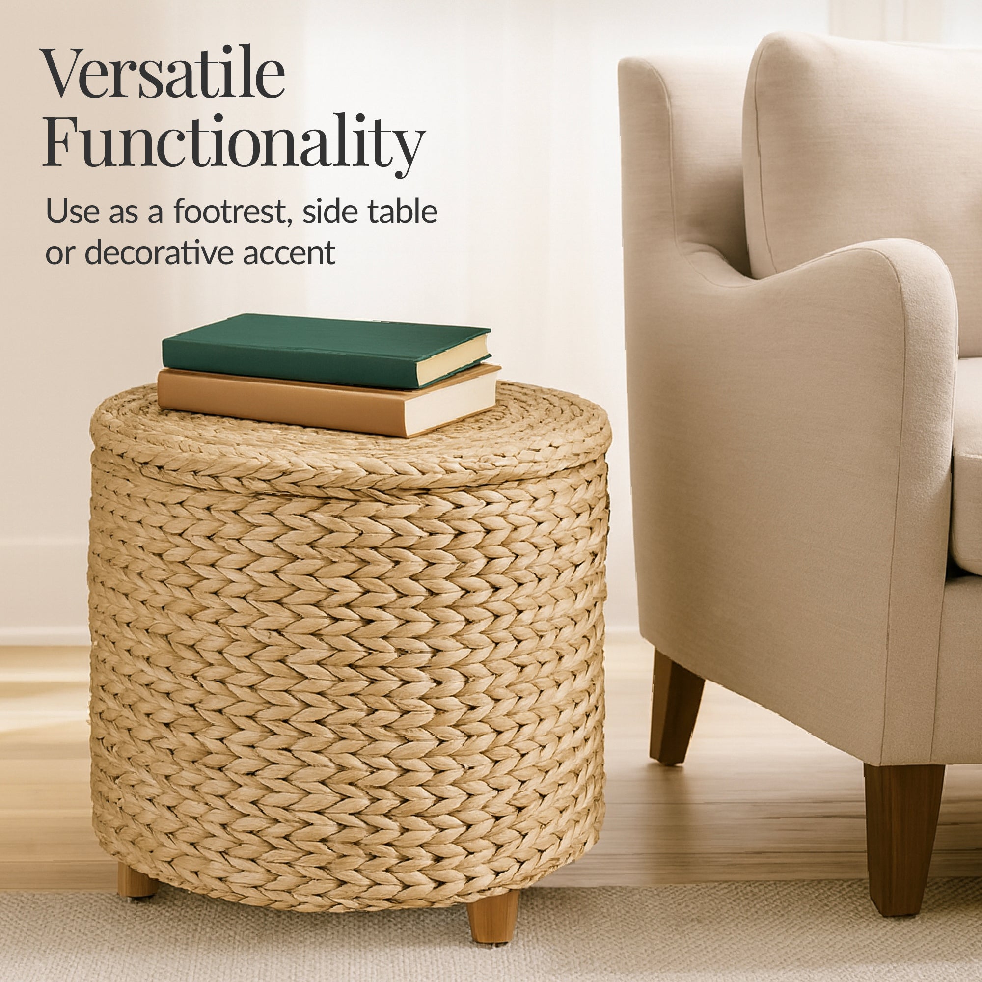 17" Round Storage Ottoman with Lid, Handwoven Water Hyacinth Footstool