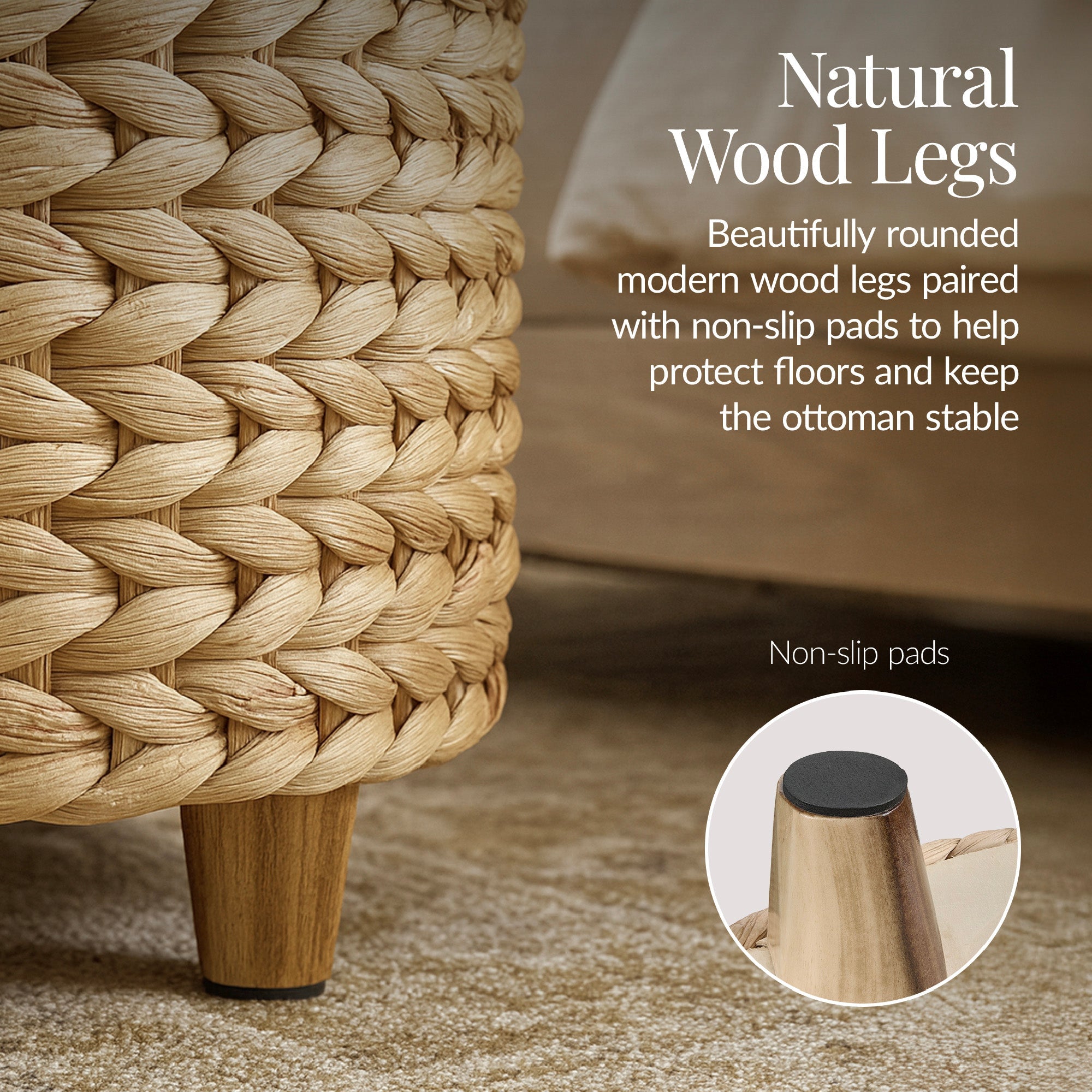 17" Round Storage Ottoman with Lid, Handwoven Water Hyacinth Footstool