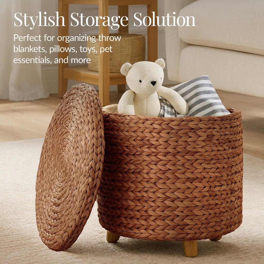 17" Round Storage Ottoman with Lid, Handwoven Water Hyacinth Footstool