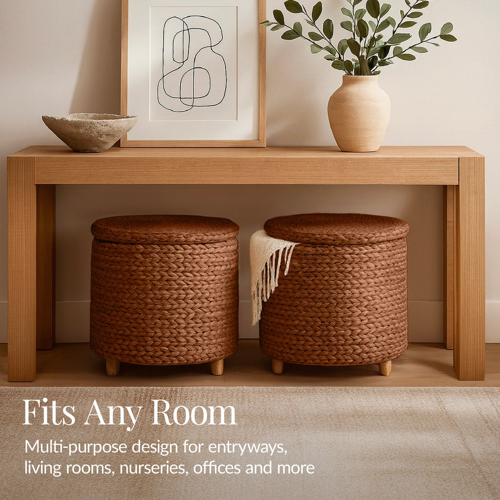 17" Round Storage Ottoman with Lid, Handwoven Water Hyacinth Footstool