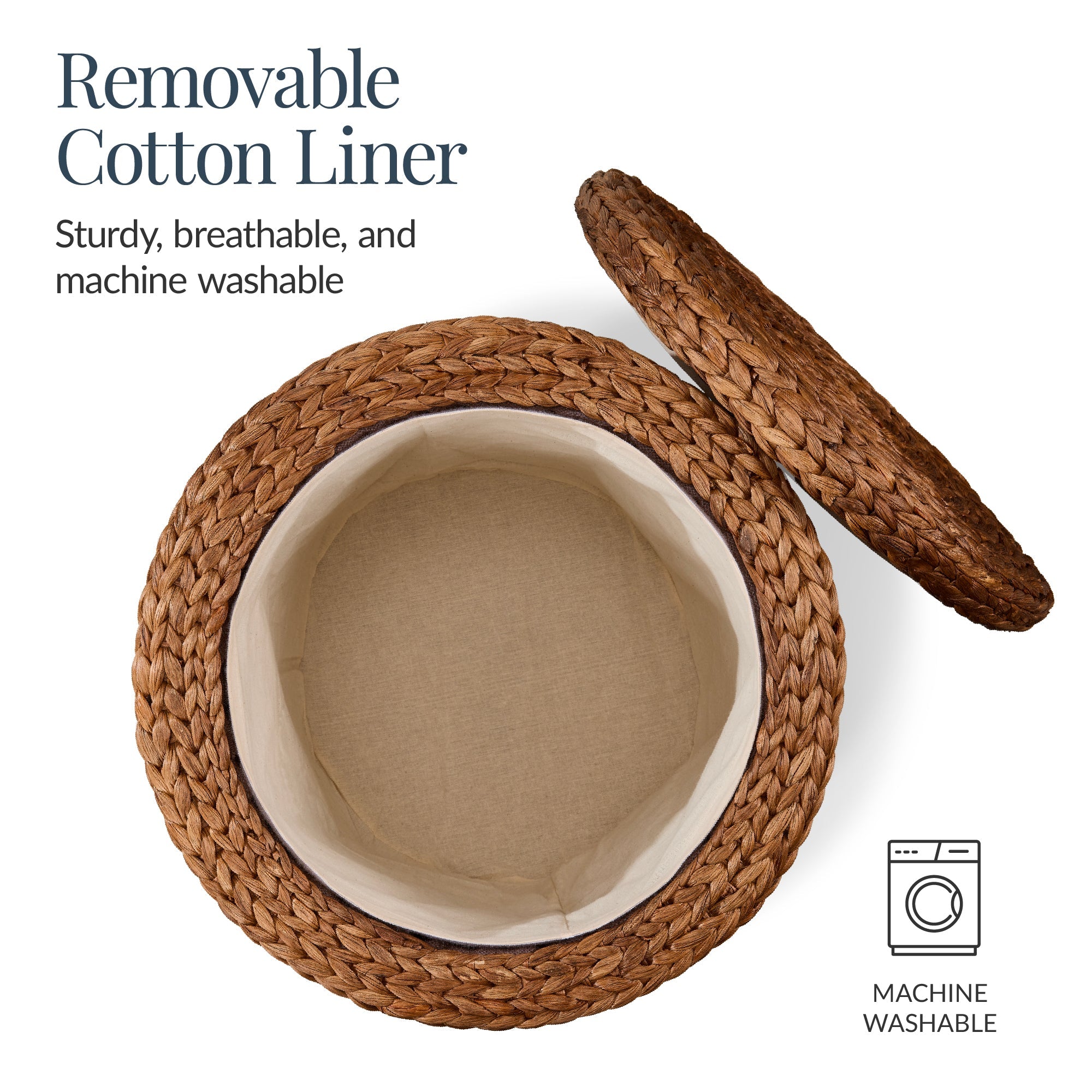 17" Round Storage Ottoman with Lid, Handwoven Water Hyacinth Footstool