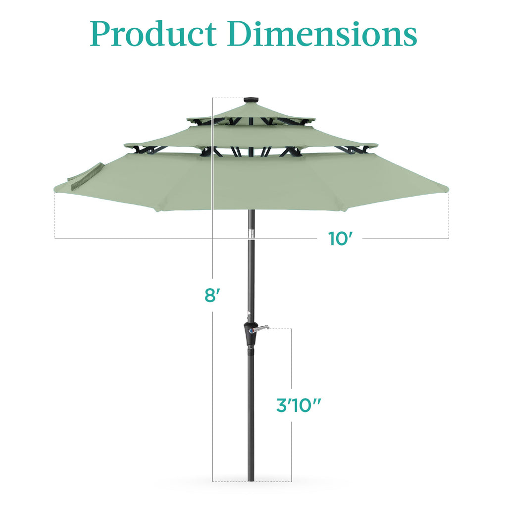 3-Tier Solar Patio Umbrella w/ LED Lights, Tilt Adjustment, Crank - 10ft
